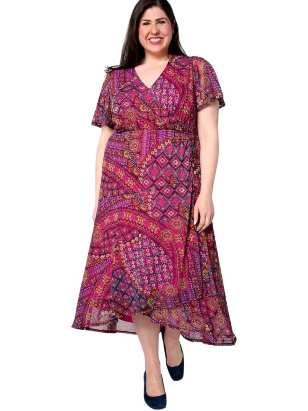 Susan Graver Printed Mesh Faux Wrap Midi Dress Women's Small Magenta Melon Party